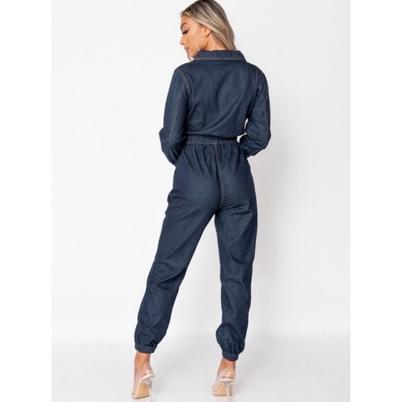 Long Sleeve Denim Jeans Loose Fit Utility Boiler Jumpsuit Playsuit - Picture 4 of 8
